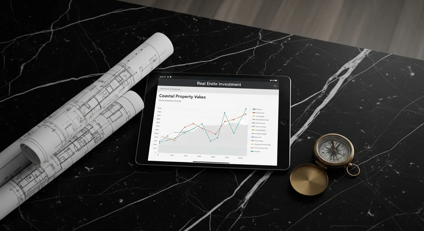 Professional real estate investment dashboard on a tablet showing upward trending line graphs for coastal property values, sitting on a marble kitchen island with blueprints and a compass