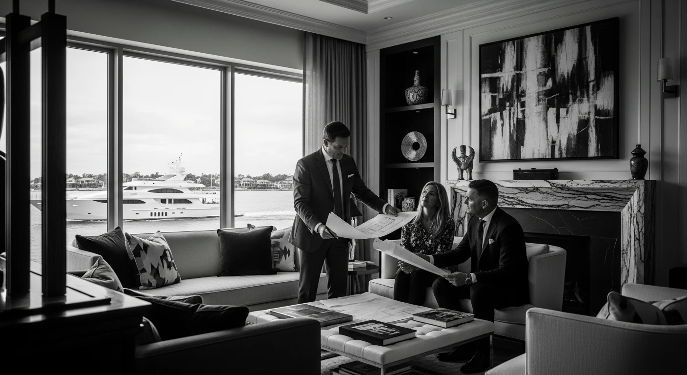 Sophisticated real estate advisor in a tailored suit reviewing architectural blueprints with clients in a bright, modern waterfront living room, floor-to-ceiling windows showing a yacht passing by
