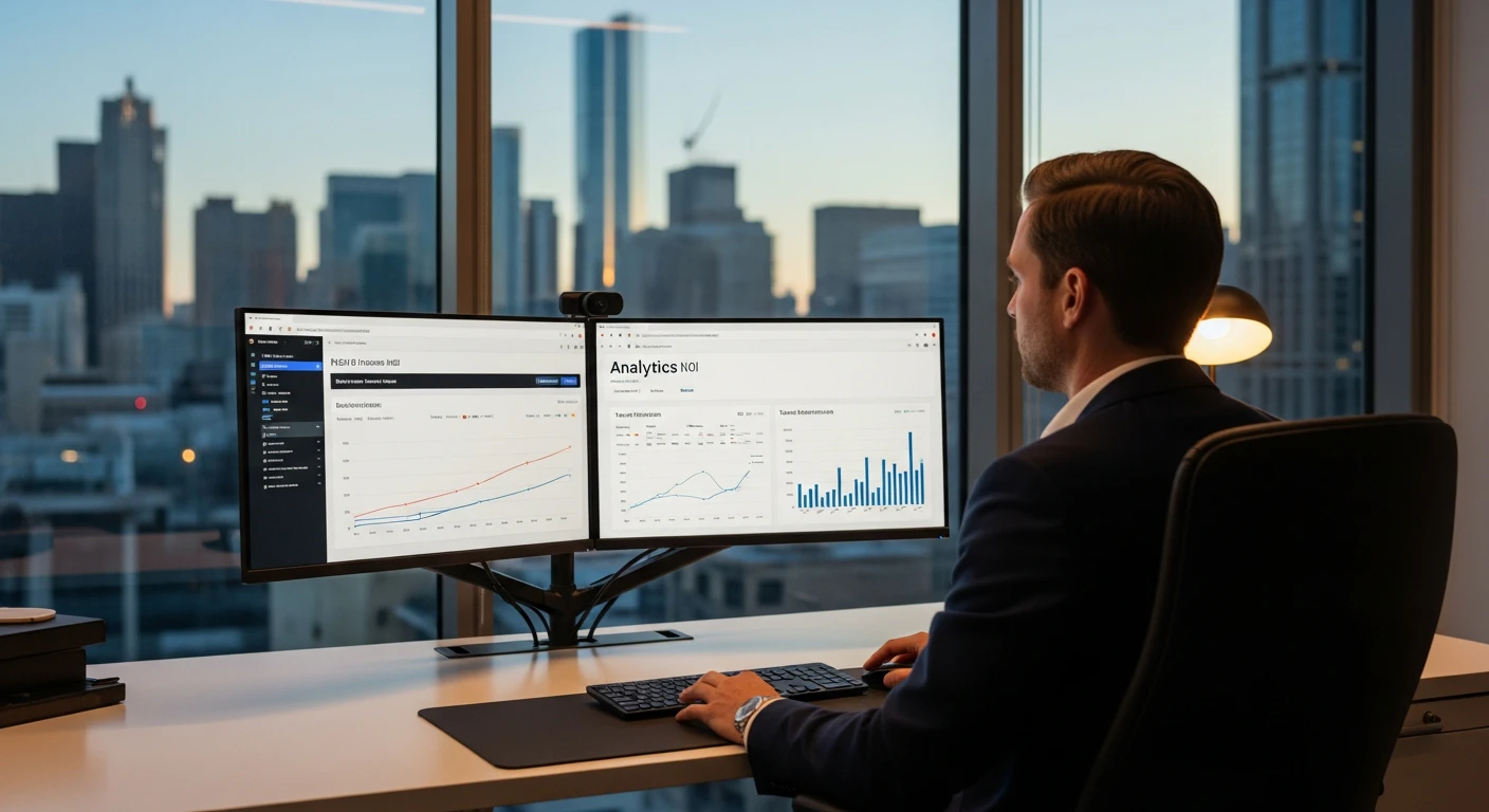Modern commercial real estate executive office overlooking a city skyline, analytics dashboard on a dual-monitor setup showing portfolio NOI and talent retention metrics, professional and sophisticated atmosphere