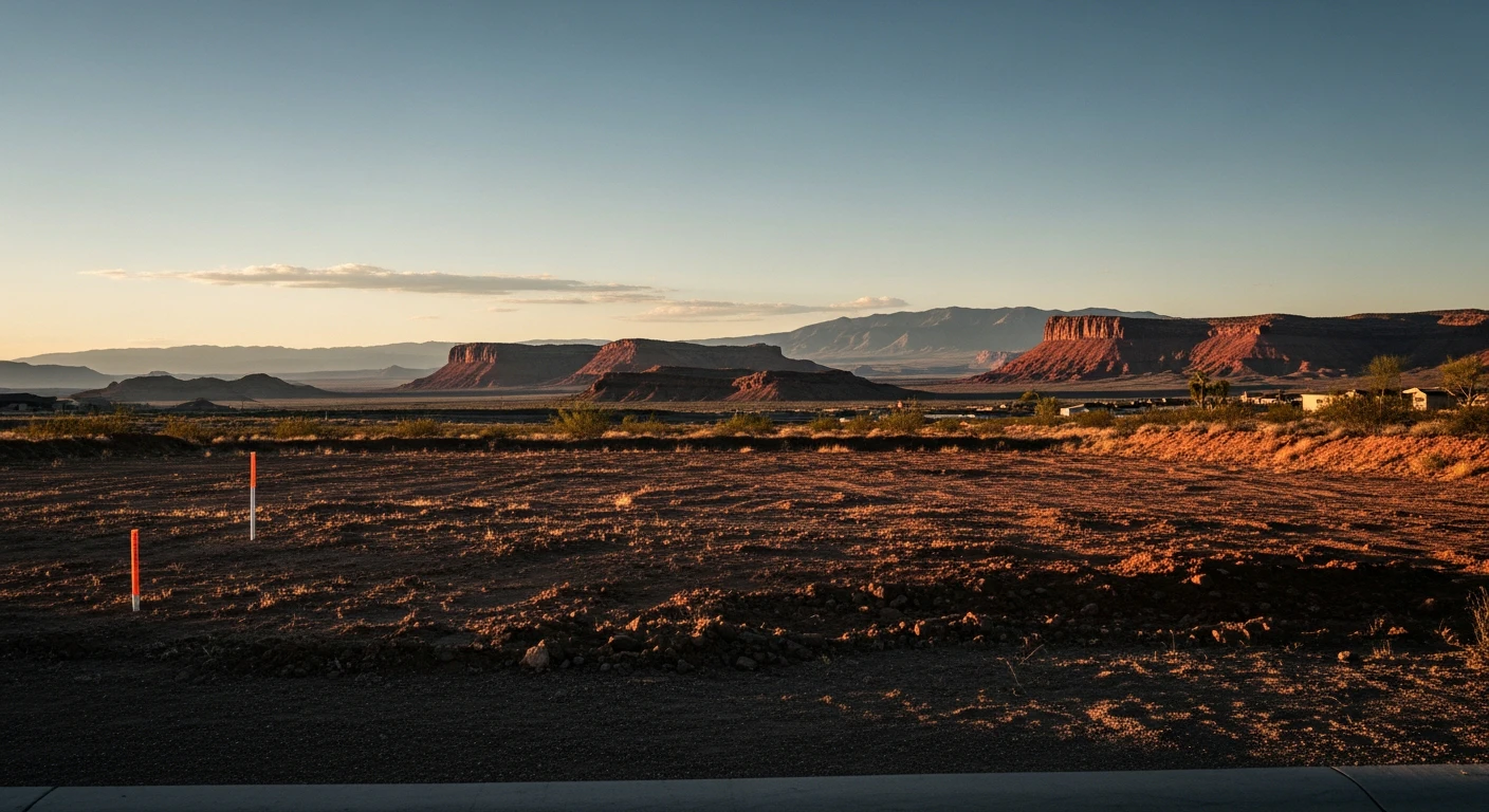 A wide-angle shot of a vacant desert lot in Mohave County with survey stakes visible, golden hour lighting highlighting the texture of the soil and distant mountains, conveying potential and raw beauty