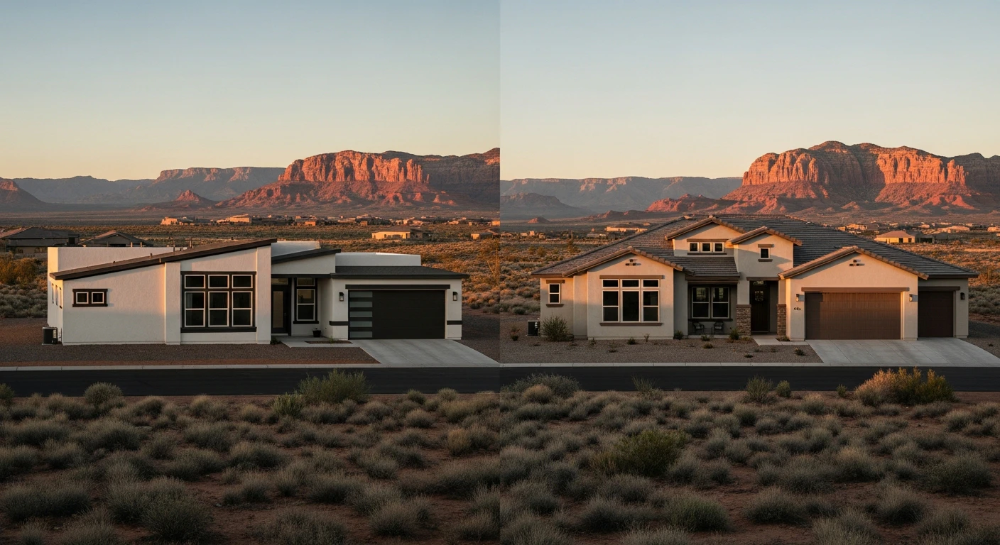 Side-by-side comparison graphic showing a modern stucco manufactured home next to a traditional stick-built home in a desert landscape, illustrating the visual similarity and quality