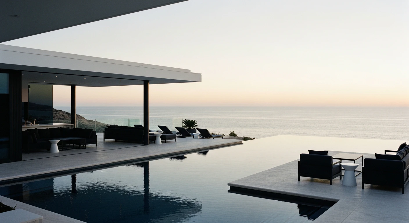 Wide view of a modern luxury infinity pool overlooking the Sea of Cortez in Los Cabos, featuring sleek architectural lines, outdoor lounge seating, and sunset lighting reflecting off the water