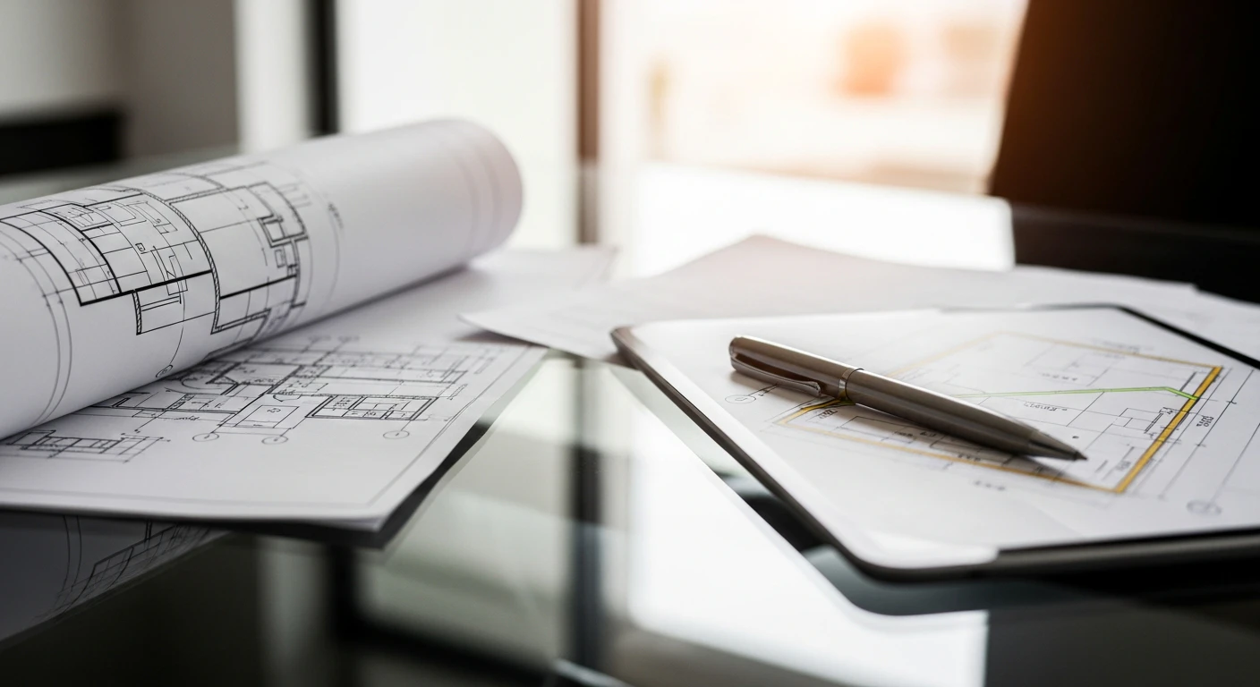 Close-up of a high-end architectural blueprint on a glass desk, next to a sleek silver pen and a tablet showing property boundary lines, conveying professional due diligence