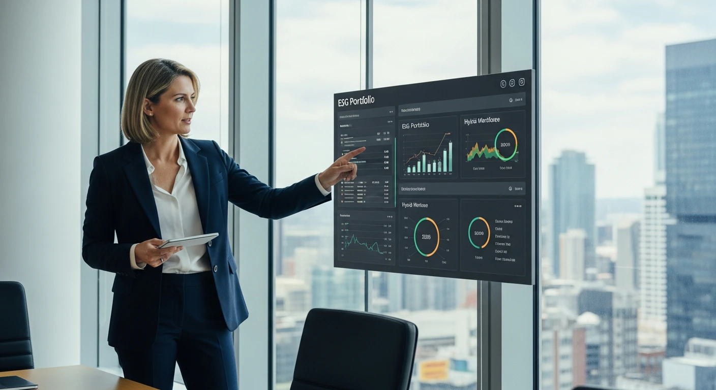 Modern commercial real estate executive in a glass boardroom pointing to a digital portfolio dashboard showing ESG metrics and hybrid workforce data, bright city skyline visible through the window, professional and authoritative atmosphere
