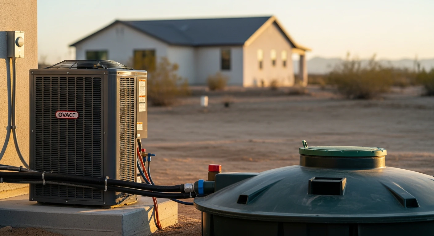 Close-up photo of a modern HVAC unit and a septic tank cover in a desert backyard, illustrating the technical inspection points for Arizona buyers