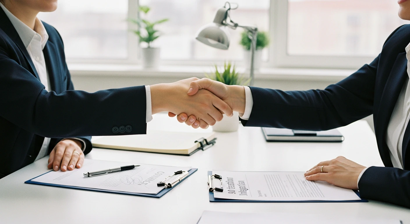 Two business professionals shaking hands across a modern desk, a signed contract and a 90-day integration plan document visible, bright and optimistic corporate environment