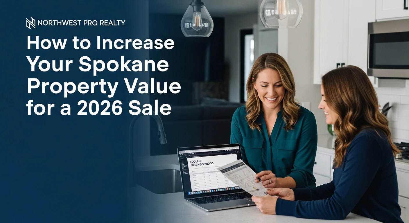 Professional real estate broker reviewing a detailed comparative market analysis document with a client at a modern kitchen island, laptop open showing local Spokane neighborhood data
