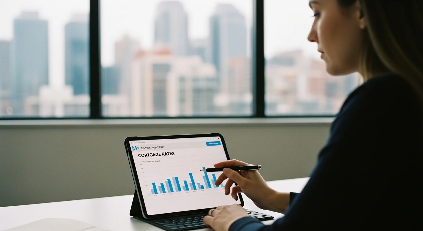 Modern office desk with a digital tablet displaying a comparison chart of mortgage rates, with a blurred background of the Calgary skyline, signifying local financial analysis.