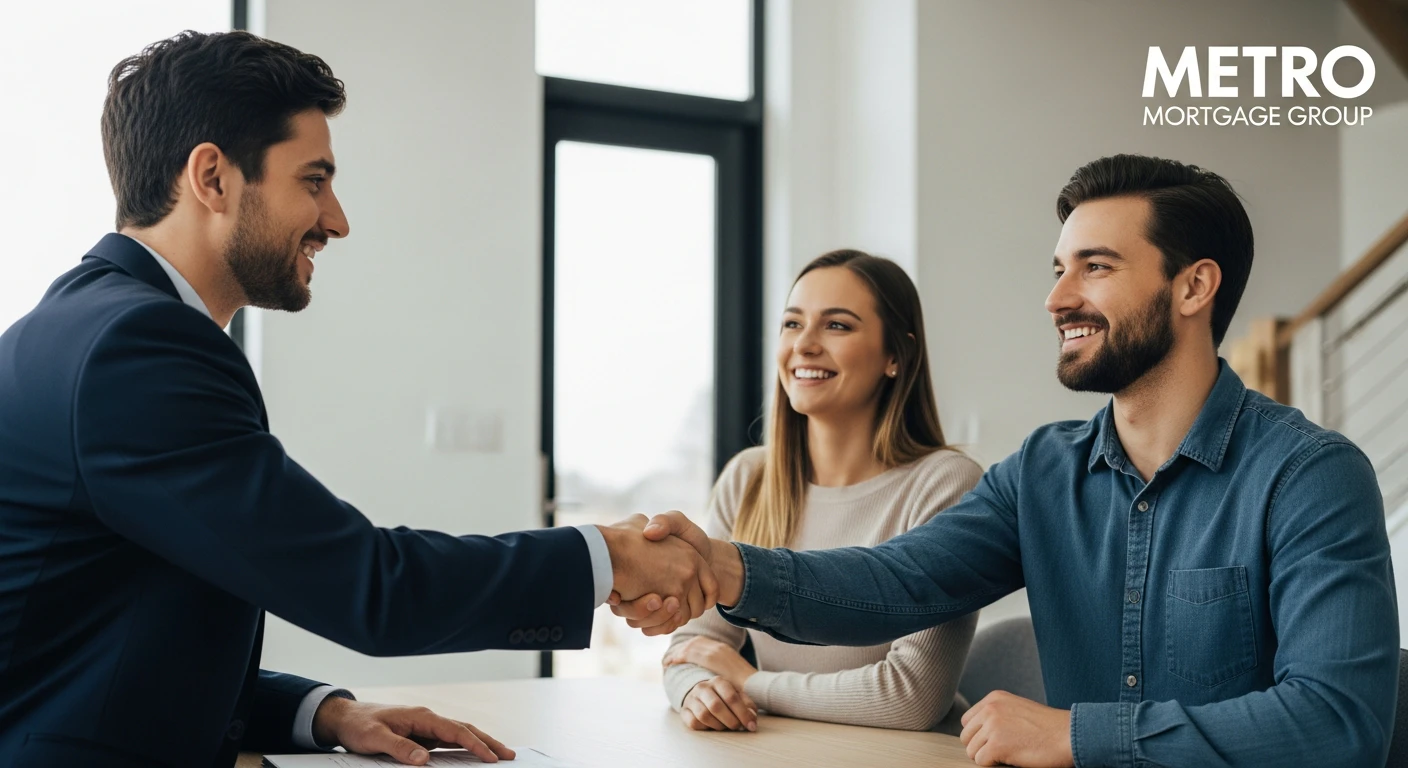 Close-up of a handshake between a mortgage broker and a young couple in a modern home, symbolizing trust and a successful agreement, soft natural lighting.