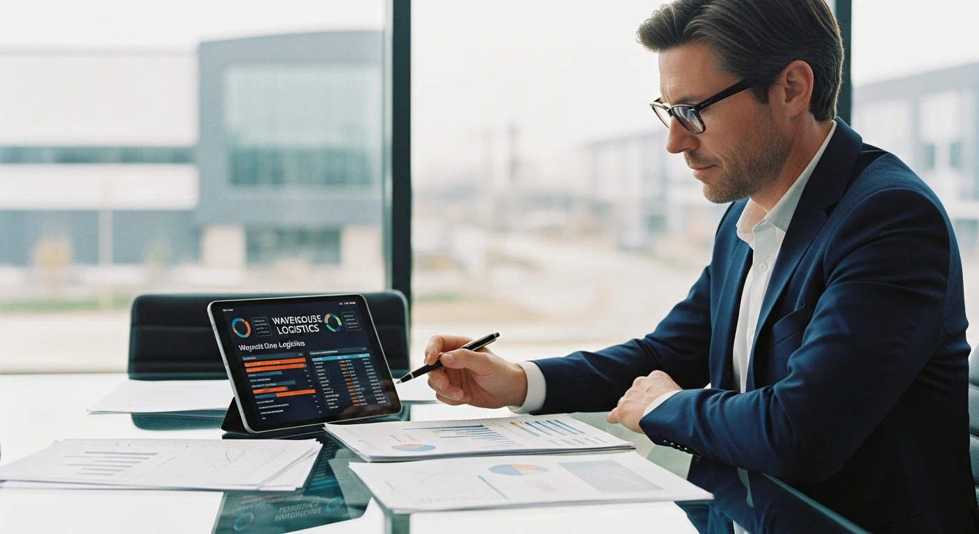 A professional executive sitting at a modern glass conference table, reviewing financial documents and a tablet showing warehouse logistics data, conveying a successful transition into industrial real estate management.