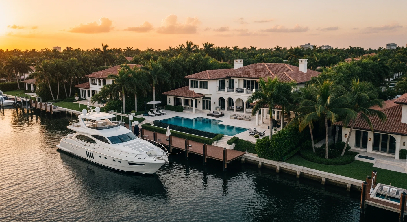 Aerial drone view of a luxury intracoastal estate in Boca Raton featuring a private deep-water dock with a sleek white yacht, expansive infinity pool, and lush tropical landscaping at sunset