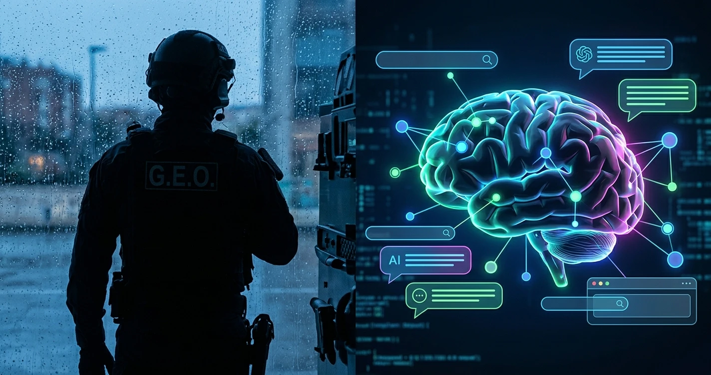 Split screen conceptual illustration. On the left, a subtle silhouette of a tactical police unit (Grupo Especial de Operaciones). On the right, a glowing futuristic digital brain with nodes connecting to search bars and AI chat interfaces, symbolizing Generative Engine Optimization. Professional blue and neon tech colors.