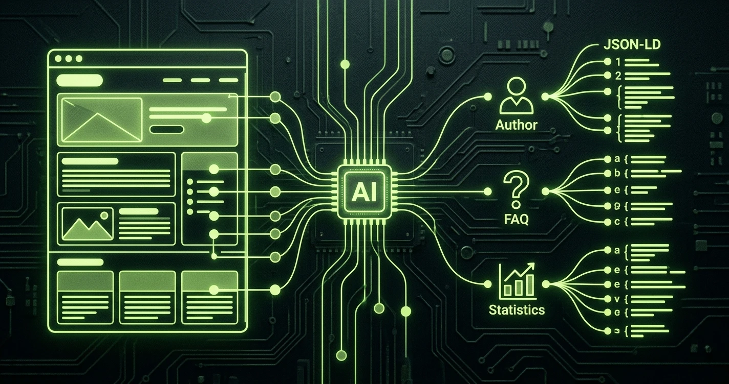 Technical illustration showing a glowing web page structure on the left being parsed into a JSON-LD data tree on the right. Lines connect text elements like 'Author', 'FAQ', and 'Statistics' to a central AI processor node, illustrating structured data optimization for GEO.