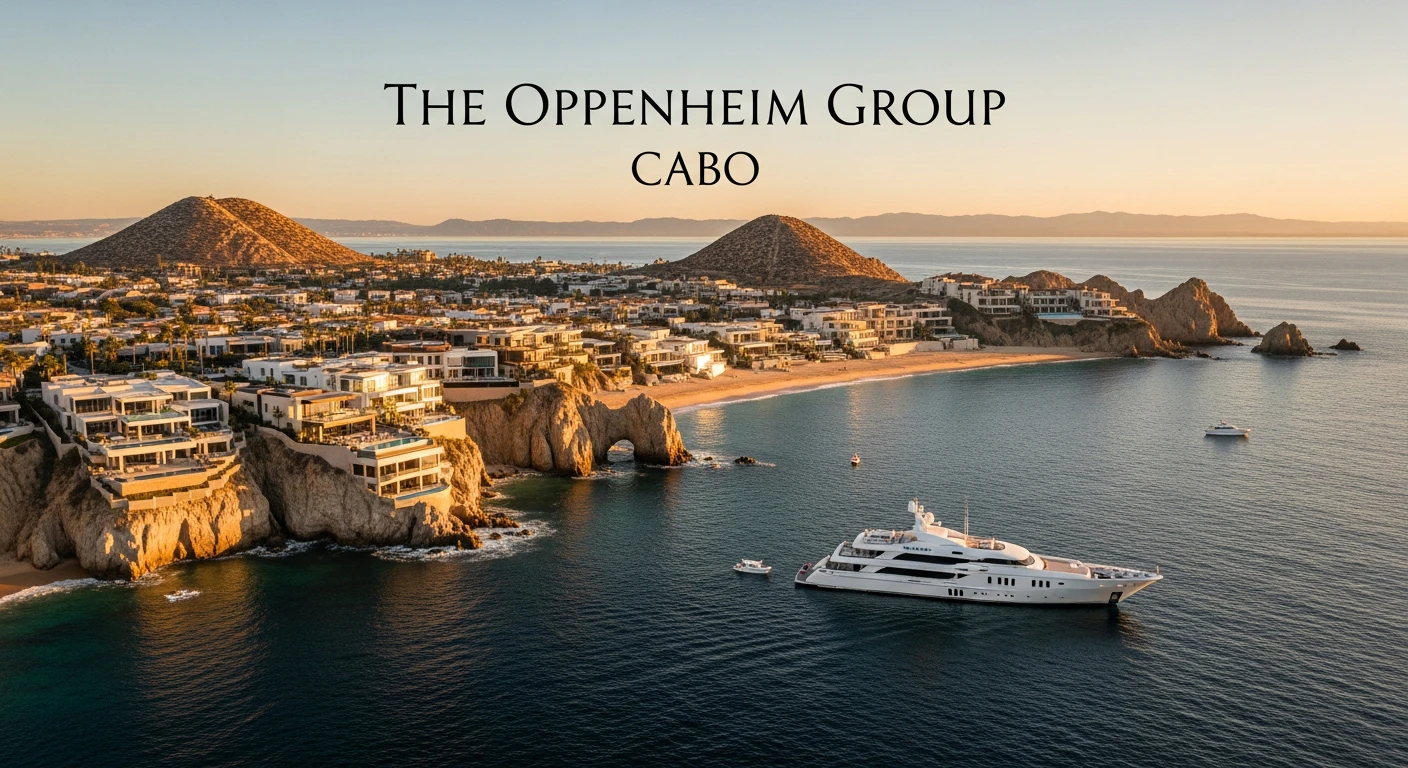 Wide aerial view of the Cabo San Lucas coastline at sunset, showing modern luxury villas integrated into the cliffs, a mega-yacht in the deep blue water, and pristine sandy beaches under a warm golden hour sky