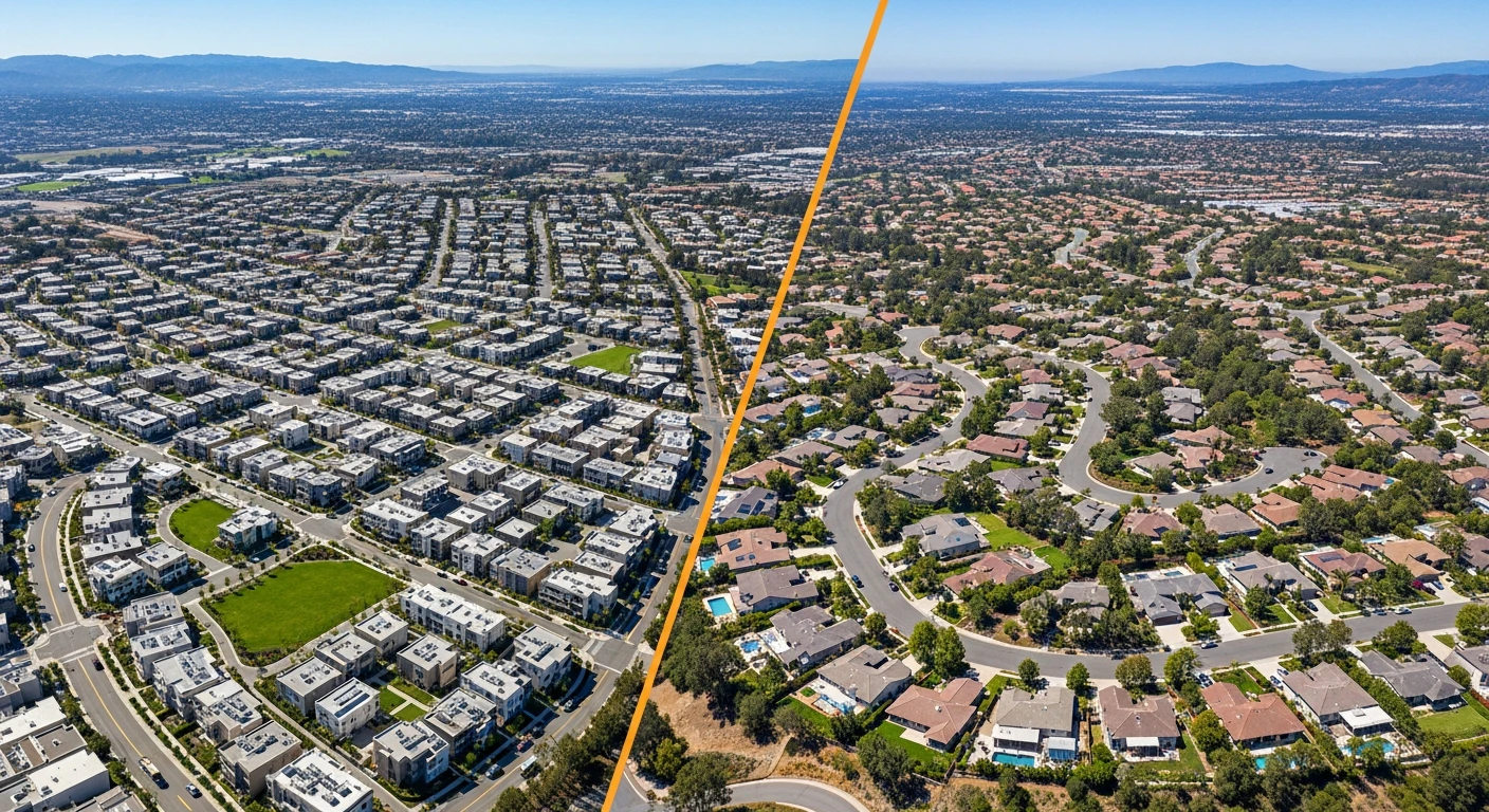 Aerial split-view comparison showing the modern, densely master-planned streets of Carmel Valley next to the heavily wooded, spaced-out suburban cul-de-sacs of Scripps Ranch under bright San Diego sunshine