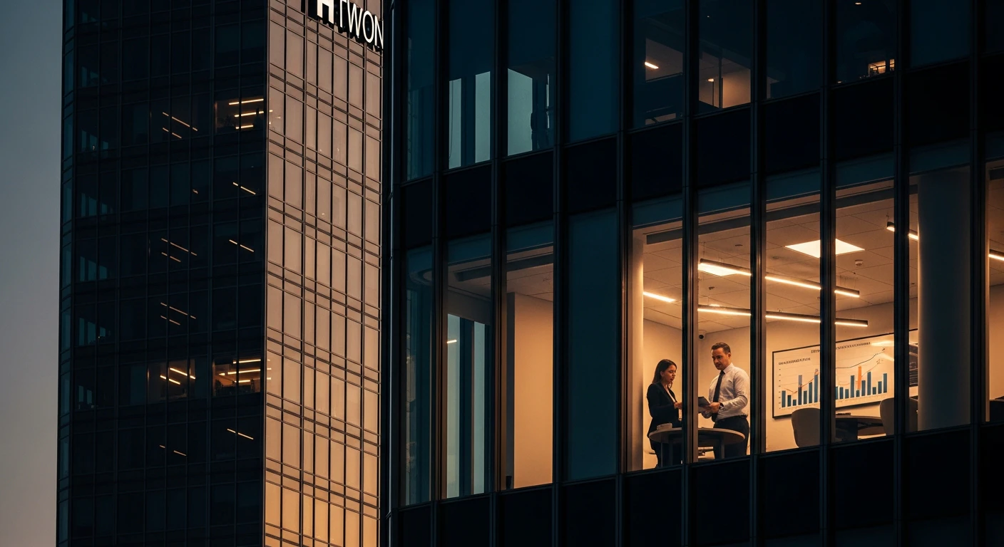 Modern commercial real estate executive office in a Dallas high-rise, showing a professional discussing portfolio metrics on a digital tablet with a colleague, natural lighting, sophisticated corporate atmosphere