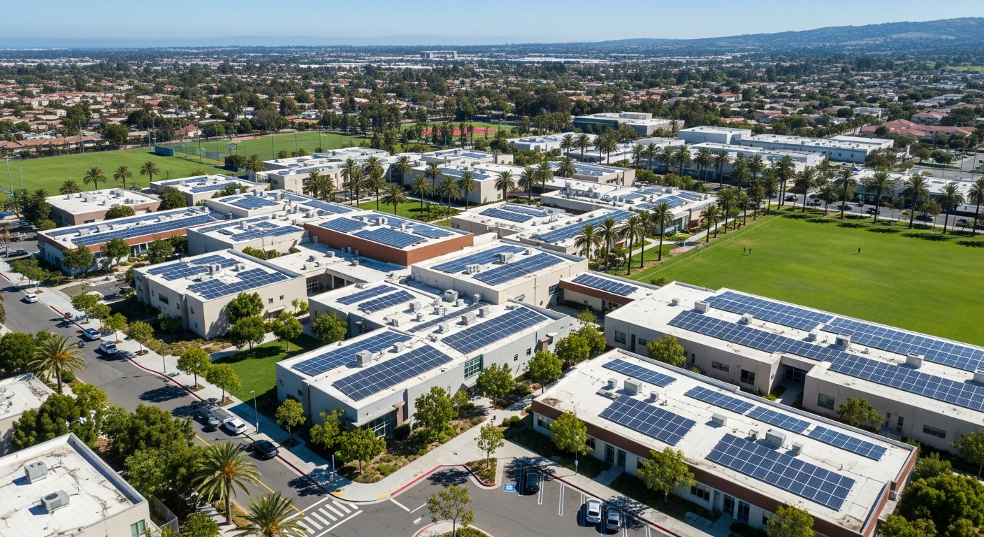 Aerial view of a modern San Diego elementary school campus with solar panels, green athletic fields, and a drop-off zone surrounded by palm trees under a clear blue sky