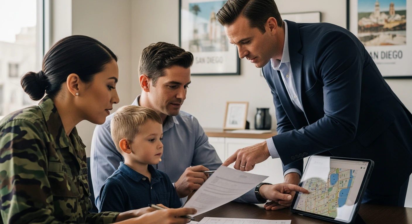 Military family reviewing real estate documents with a professional agent in a bright, modern San Diego office, pointing at a neighborhood map on a tablet