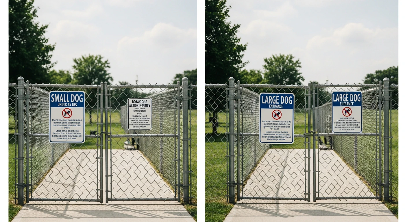 Split view showing the 'Small Dog' and 'Large Dog' fenced entrances at Rotary Park, clearly visible signage with 2026 rules, green turf in background