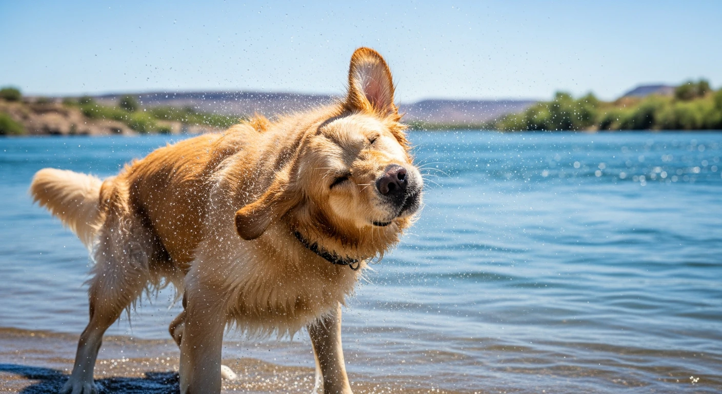 Golden Retriever shaking off water at the Rotary Park dog beach area, clear blue Colorado River background, sunny 2026 summer day, high resolution action shot