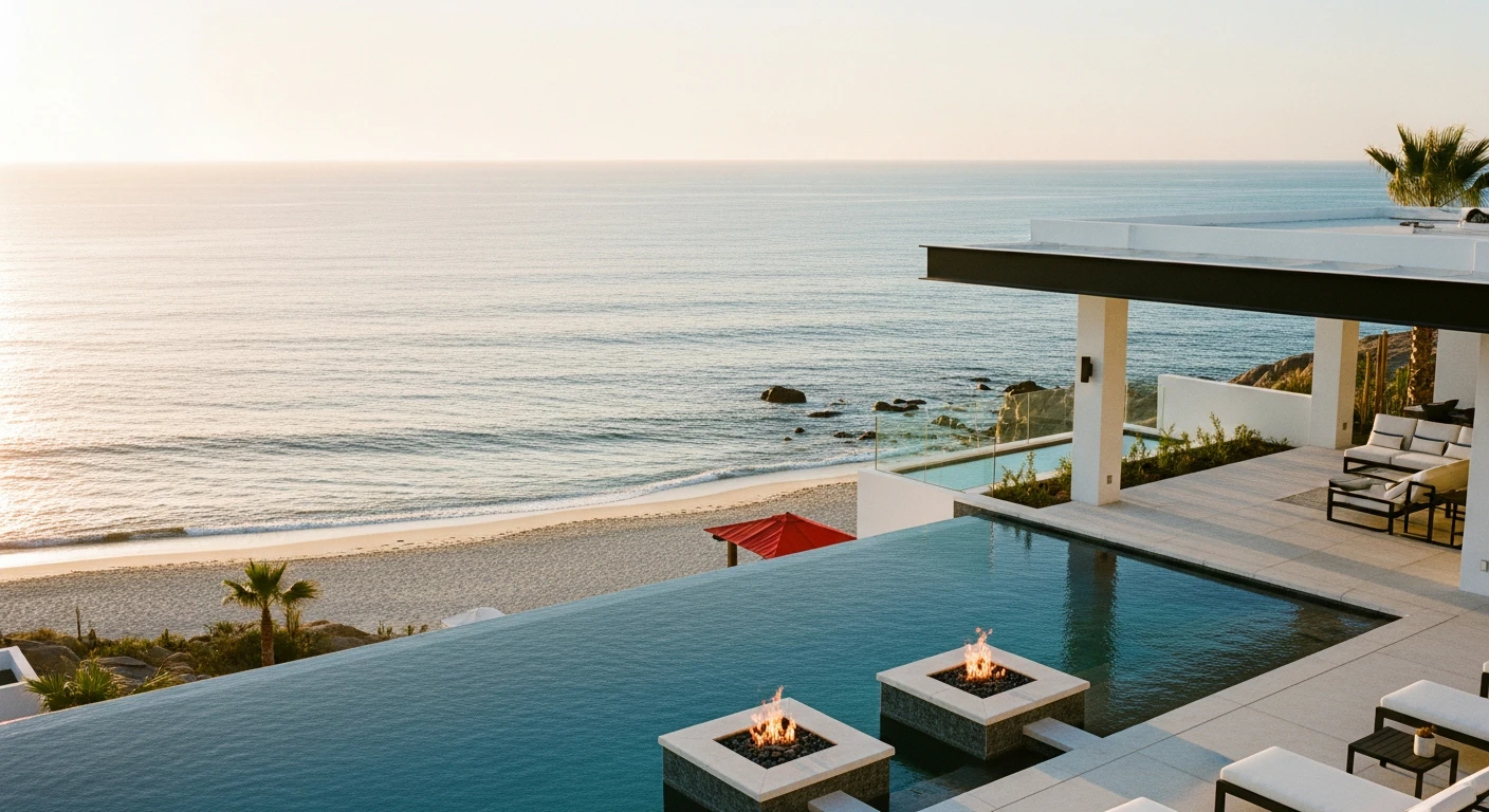 Aerial view of a luxury infinity pool overlooking the Sea of Cortez at sunset, featuring modern architectural design, fire pits, and a private pristine beach in Los Cabos