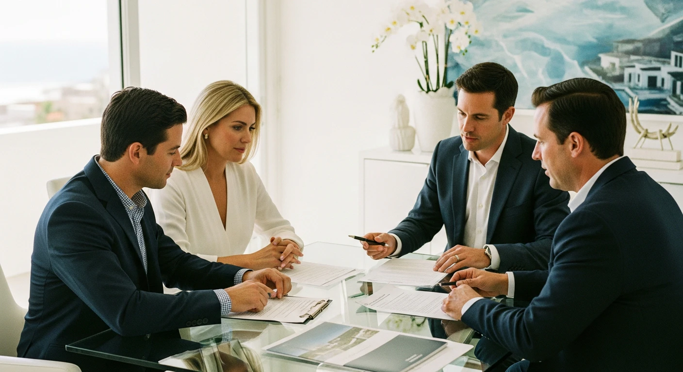 Professional meeting in a modern Cabo real estate office, documents on a glass table, a wealth manager explaining a Fideicomiso trust to a sophisticated investor couple, bright natural light