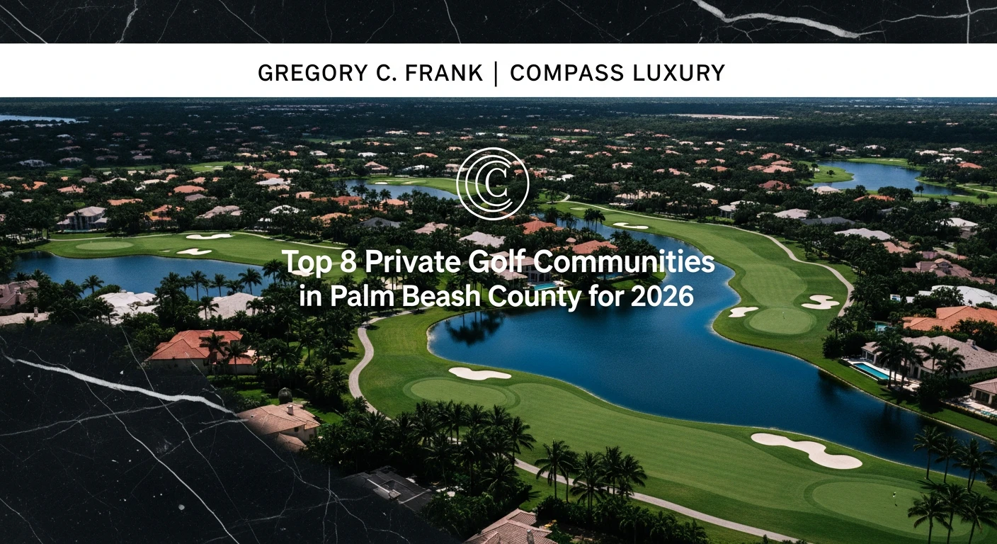 Wide aerial view of a pristine, vibrant green golf course winding through luxury Mediterranean-style estate homes in Palm Beach, bright sunny sky, sparkling blue lakes, highly manicured landscape