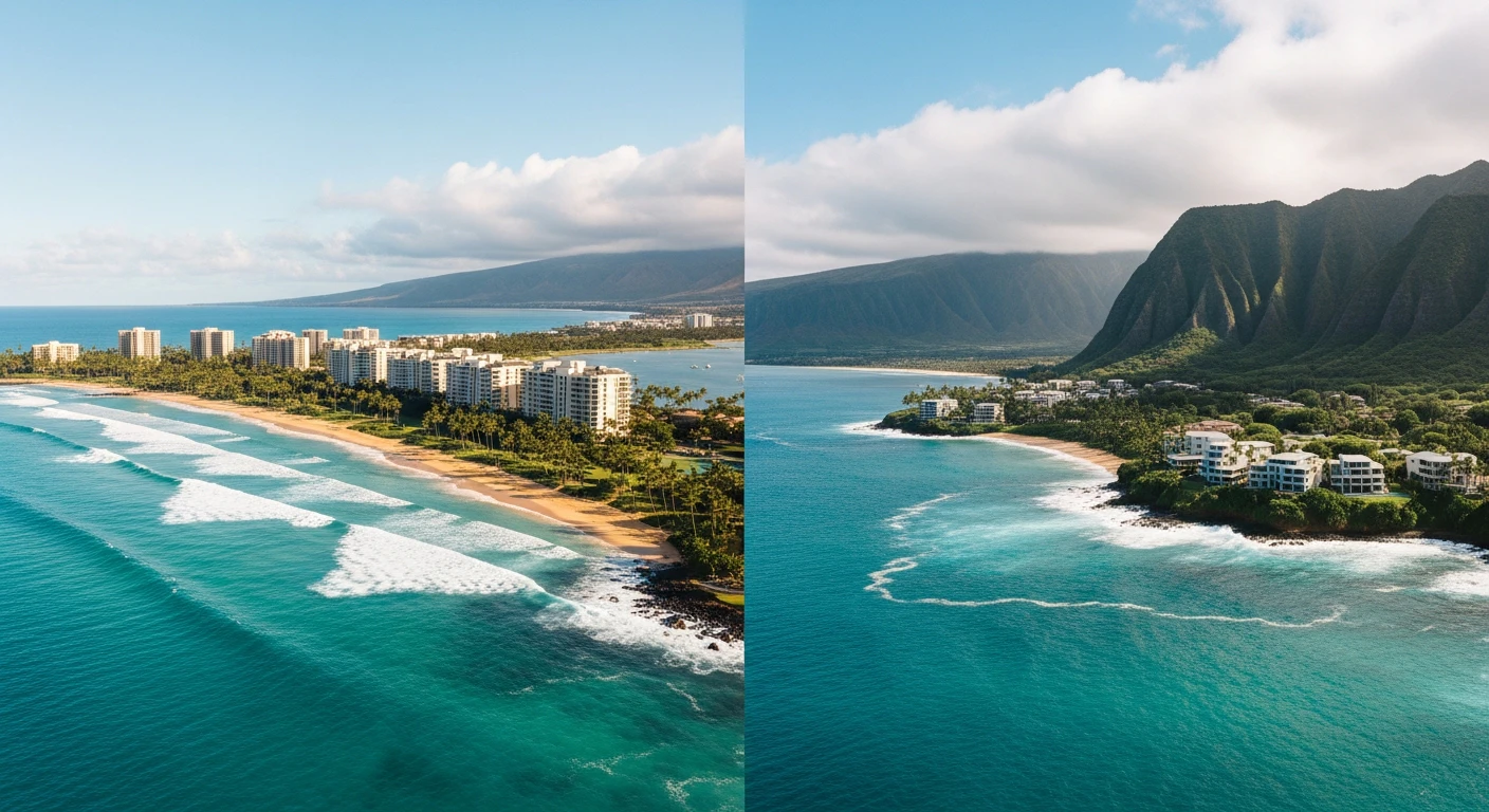 Aerial split-screen view showing the sunny, golden-sand beaches of Wailea alongside the lush, emerald-green cliffs and dramatic surf of Kapalua’s Honolua Bay.