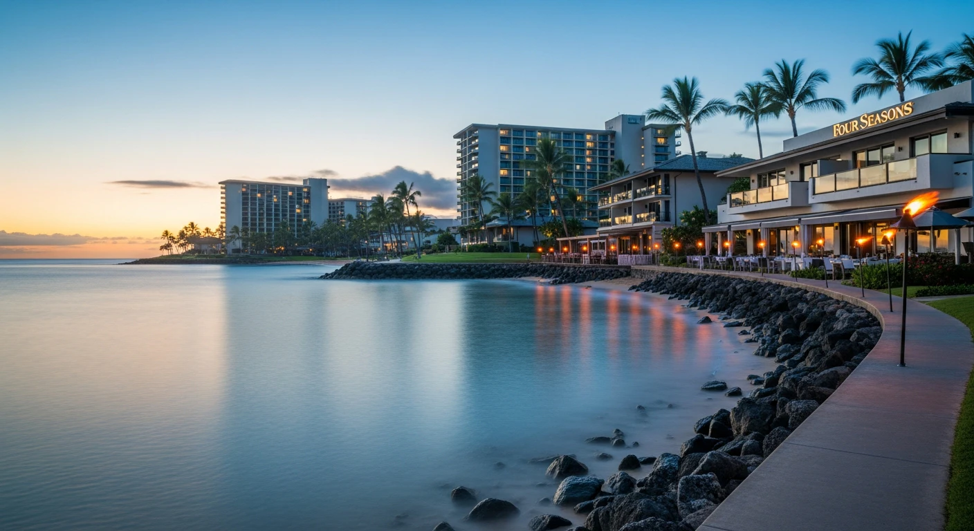 A long-exposure shot of the Wailea Beach Path at sunset, highlighting the proximity of the Grand Wailea and Four Seasons resorts with the flickering torches of beachfront restaurants.