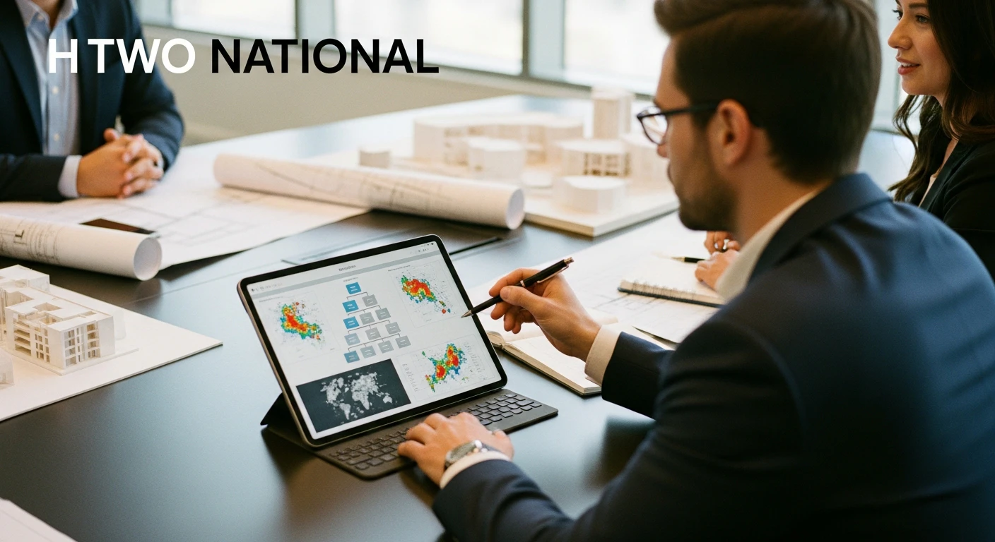 A modern corporate boardroom table with a digital tablet displaying an organizational chart and geographic heat maps, blueprints and architectural models in the background, professional and strategic atmosphere