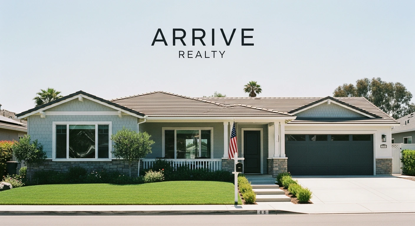 A modern, coastal San Diego home with a neatly manicured lawn, featuring a subtle American flag on the porch, representing a successful military family home purchase