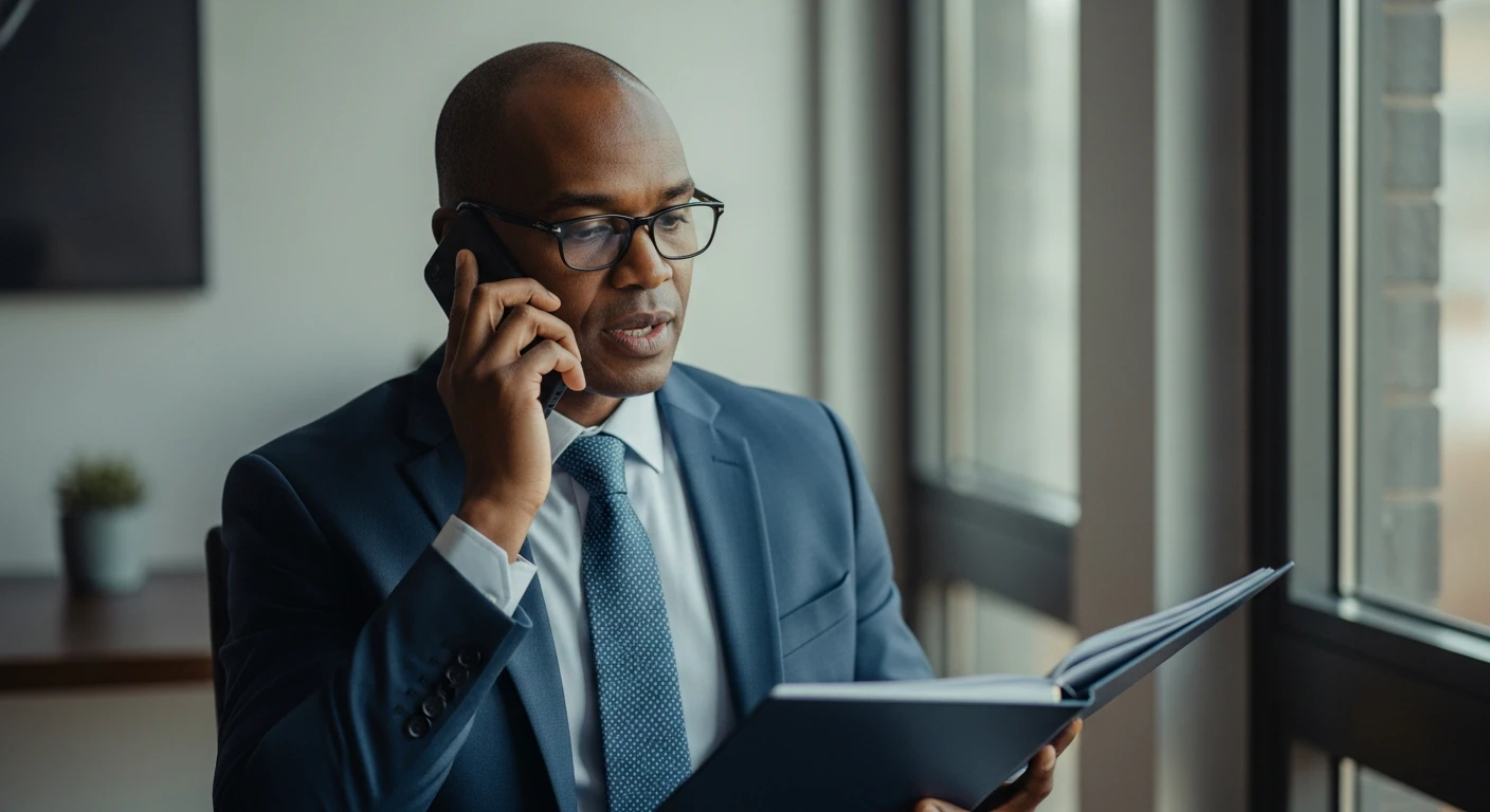 Experienced executive recruiter engaged in a serious phone conversation in a well-lit modern office, reviewing a physical candidate portfolio, conveying trust, deep networking, and human connection