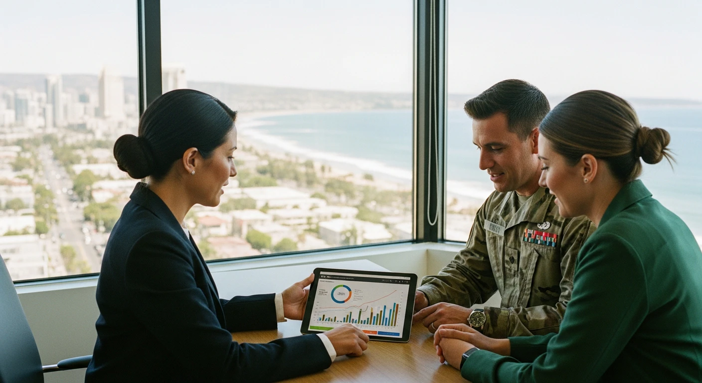 Professional real estate agent and military couple reviewing housing market charts on a tablet in a bright, modern San Diego office with coastal views in the background