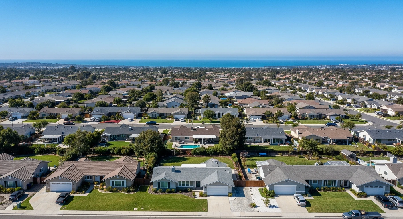 Aerial drone view of a suburban San Diego neighborhood with single-family homes, manicured lawns, and the Pacific Ocean visible in the distant background under a clear blue sky