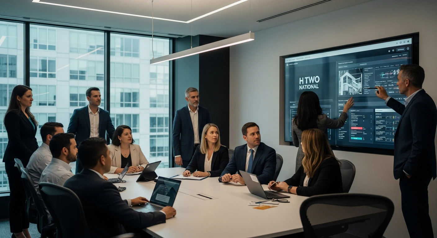 A sleek, modern commercial real estate office boardroom with a diverse group of executives reviewing a digital talent pipeline dashboard on a large glass screen, professional lighting, corporate atmosphere.