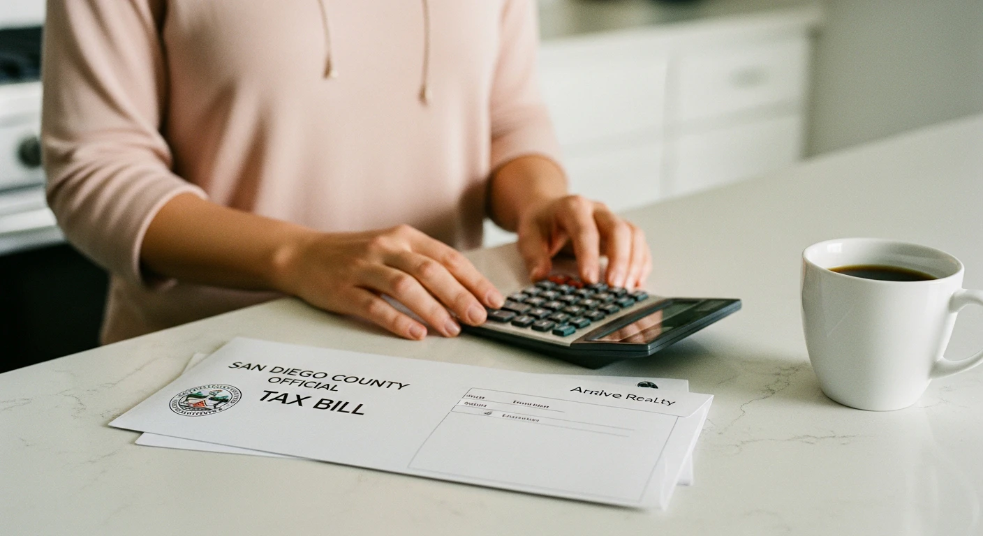 A close-up of a San Diego County official tax bill envelope resting on a modern kitchen counter next to a calculator and a cup of coffee, natural lighting, professional real estate photography style