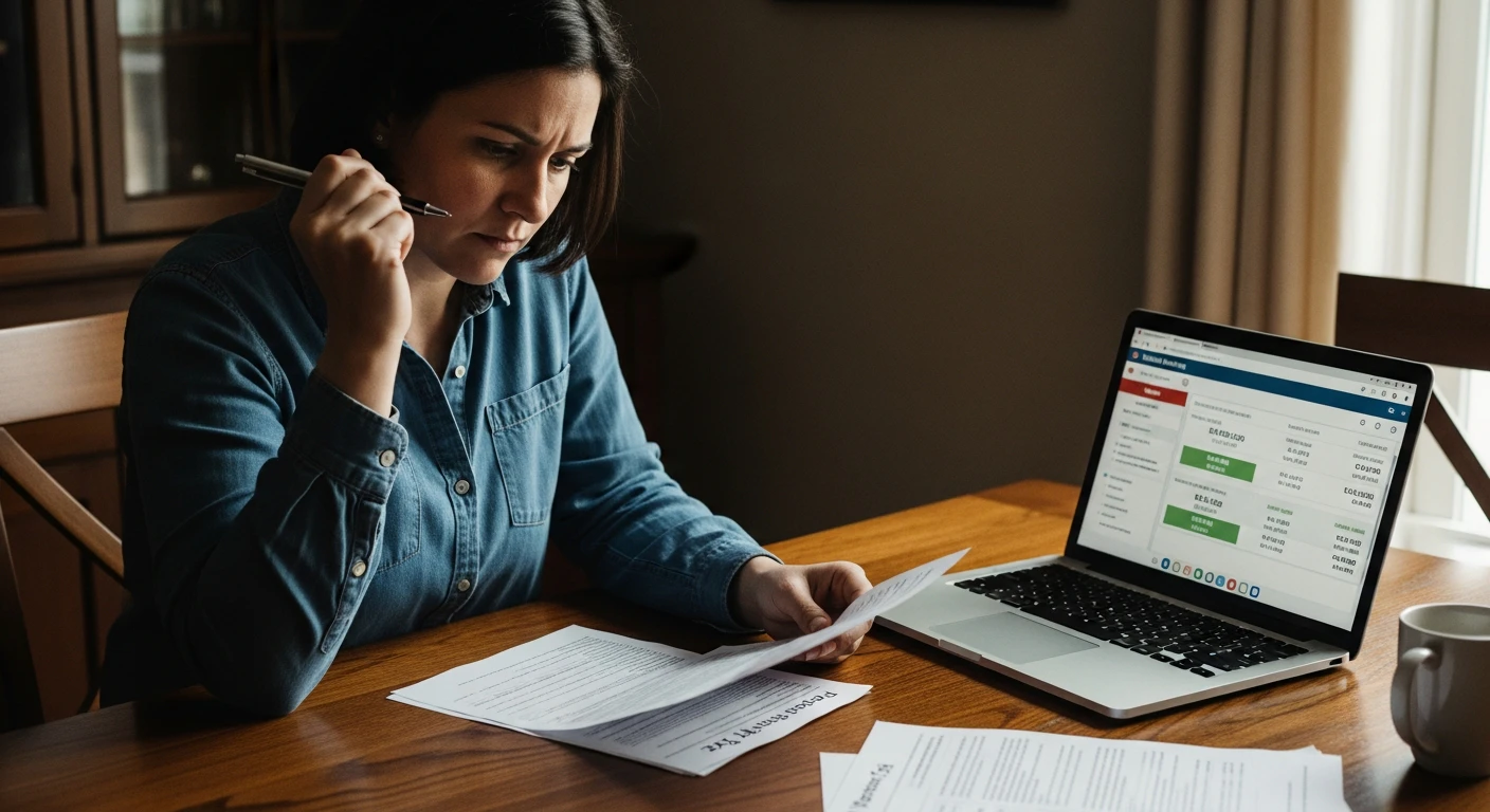 A stressed homeowner looking at a property tax document at a dining table, holding a pen, with a laptop open showing an online banking screen, depicting the reality of managing unexpected housing costs
