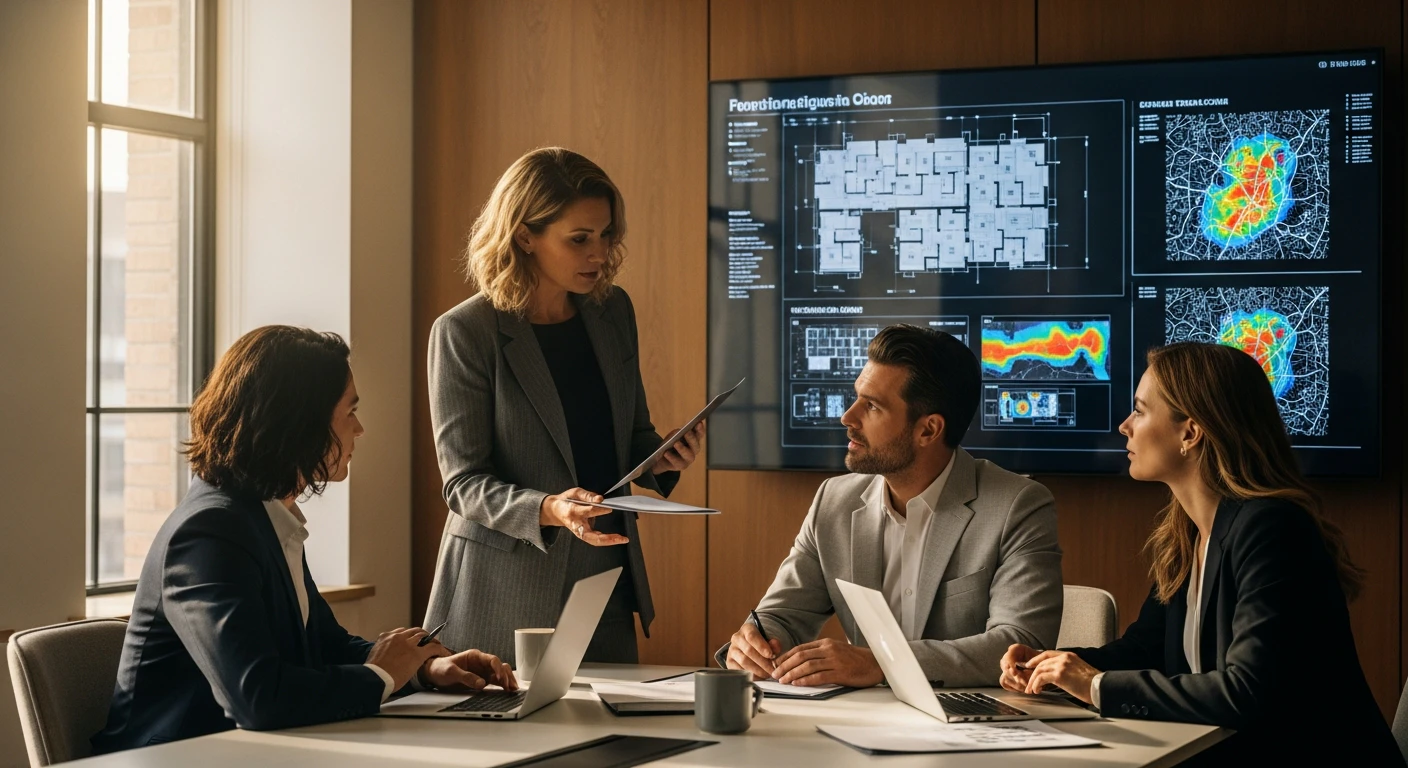Professional corporate meeting room with three executives reviewing architectural blueprints and demographic heat maps on a large digital display, warm natural lighting, high-end commercial real estate office atmosphere