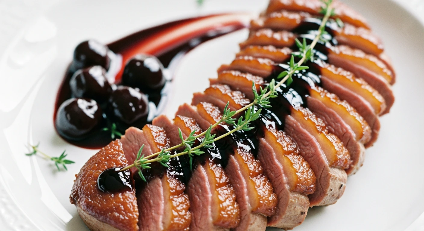 A perfectly cooked, medium-rare duck breast sliced and fanned out on a white plate, drizzled with a dark cherry-balsamic reduction, garnished with fresh thyme sprigs.