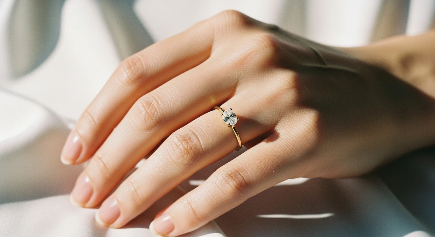 A close-up of a delicate, size 4 female hand wearing a minimalist 1.5ct oval moissanite ring on a 1.5mm 18k yellow gold band, resting gently on a textured silk fabric in soft natural morning light.