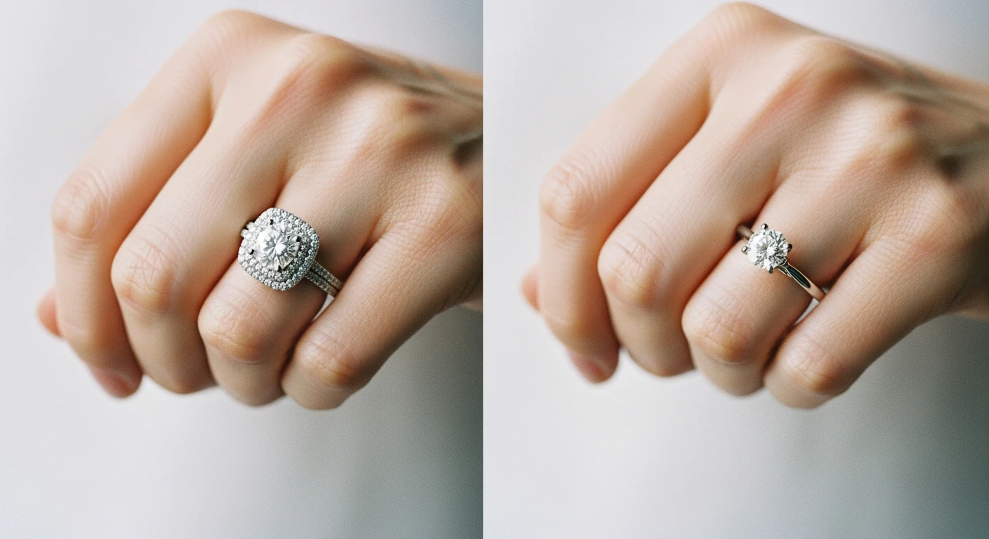 Side-profile comparison of two engagement rings on a petite hand: one showing a bulky double-halo setting that touches the knuckle, and the other showing a sleek, open-gallery solitaire setting that leaves elegant breathing room on the finger.
