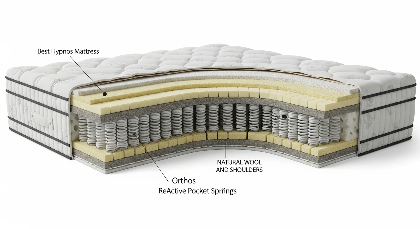 Cross-section diagram of Hypnos Orthos Support mattress showing ReActive pocket spring layers and natural fillings