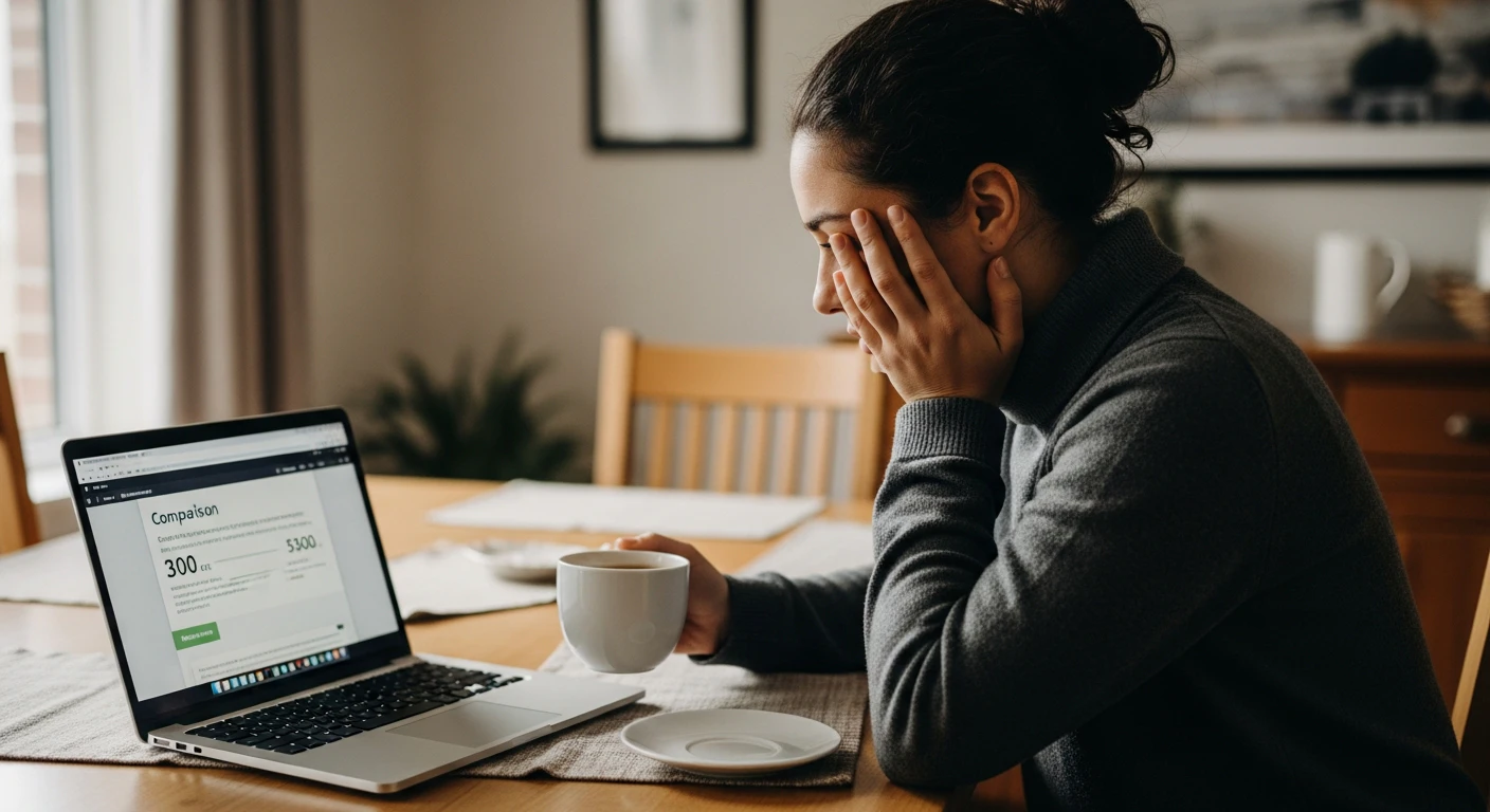 A person sitting at a dining table with a laptop and a cup of coffee, comparing insurance quotes online, looking empowered and relieved.