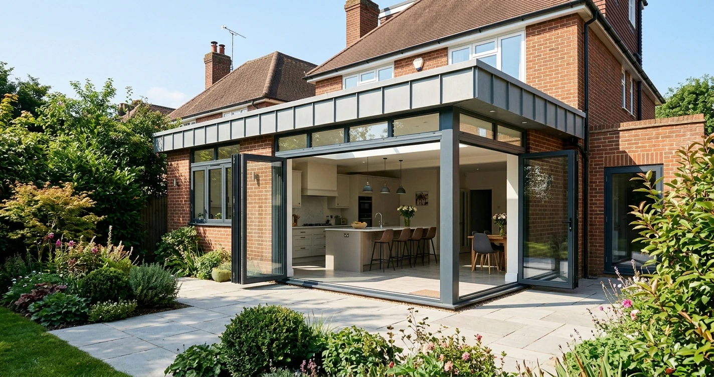 Modern single-storey rear extension on a traditional brick Surrey home, featuring wide aluminum bi-fold doors opening onto a landscaped patio, bright interior with a kitchen island, clear blue sky