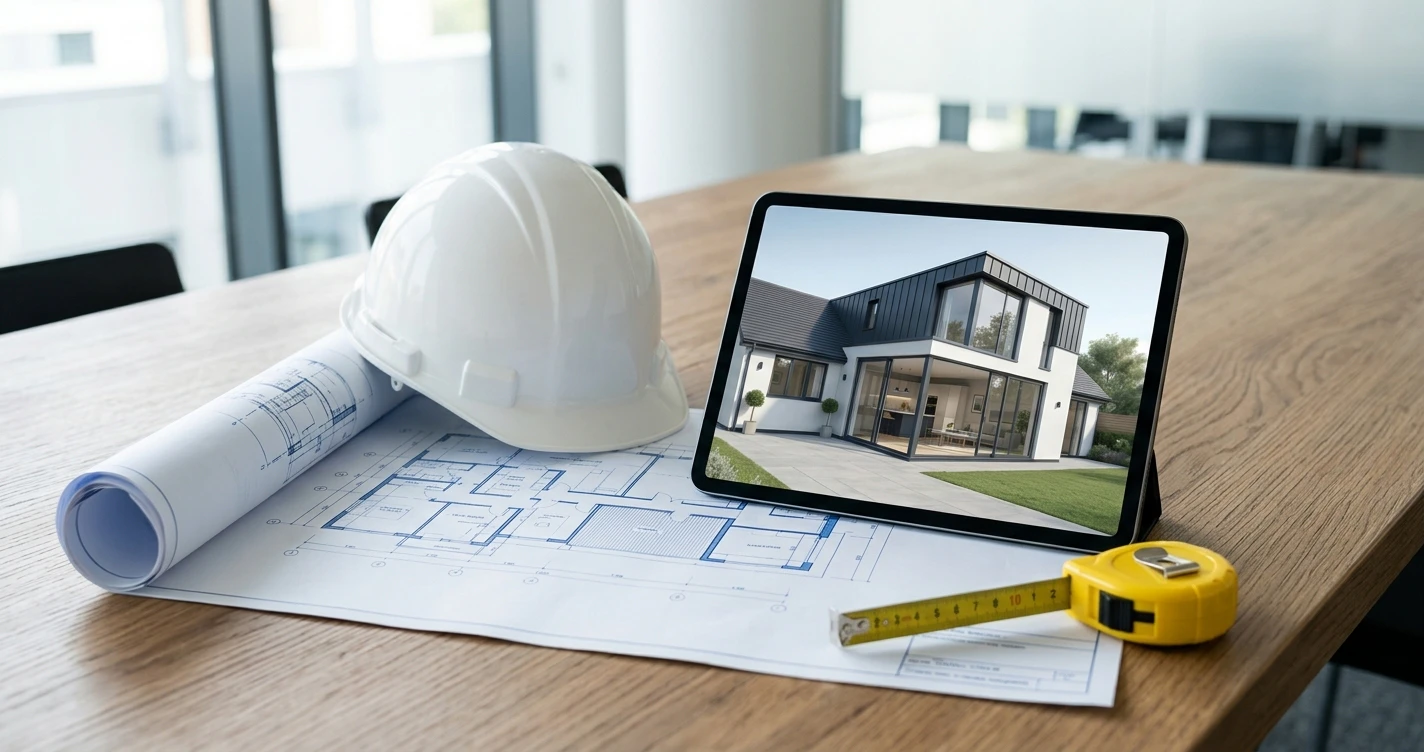 Blueprint plans unrolled on a wooden table next to a hard hat, a tape measure, and an iPad showing a 3D architectural render of a modern house extension, bright office lighting