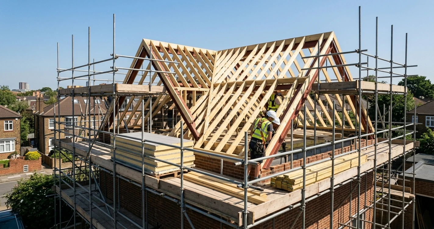 Professional construction site of a residential loft conversion, showing secure scaffolding, exposed wooden roof joists, workers in high-vis safety gear, clear blue sky, demonstrating organized project management