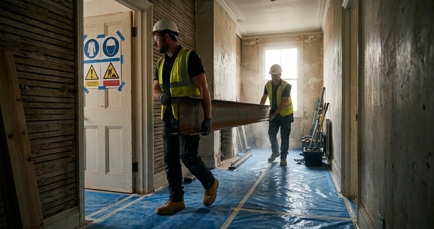 Construction workers safely maneuvering structural steel beams through the narrow hallway of a London Victorian terrace, with heavy-duty protective floor coverings and clear safety signage visible in the background