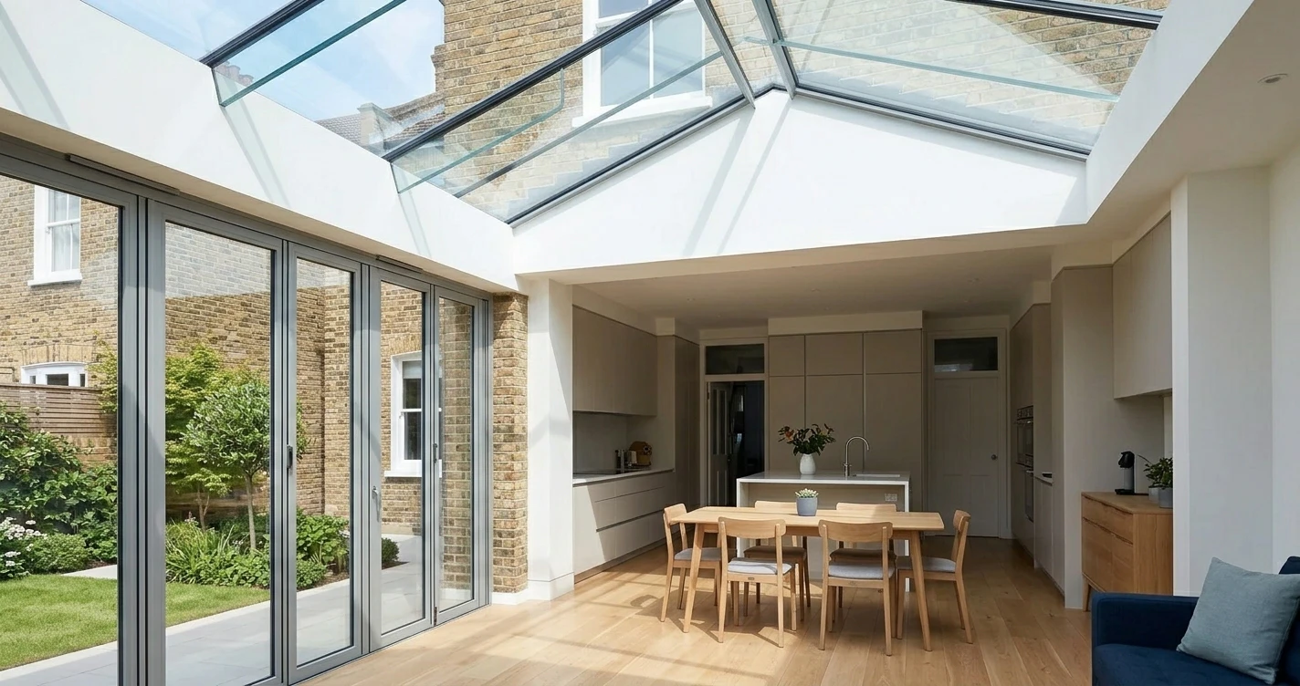 A bright, modern side-return extension on a London terrace, showcasing a pitched glass roof that floods the expanded kitchen and dining area with natural light, preserving the entire rear garden space