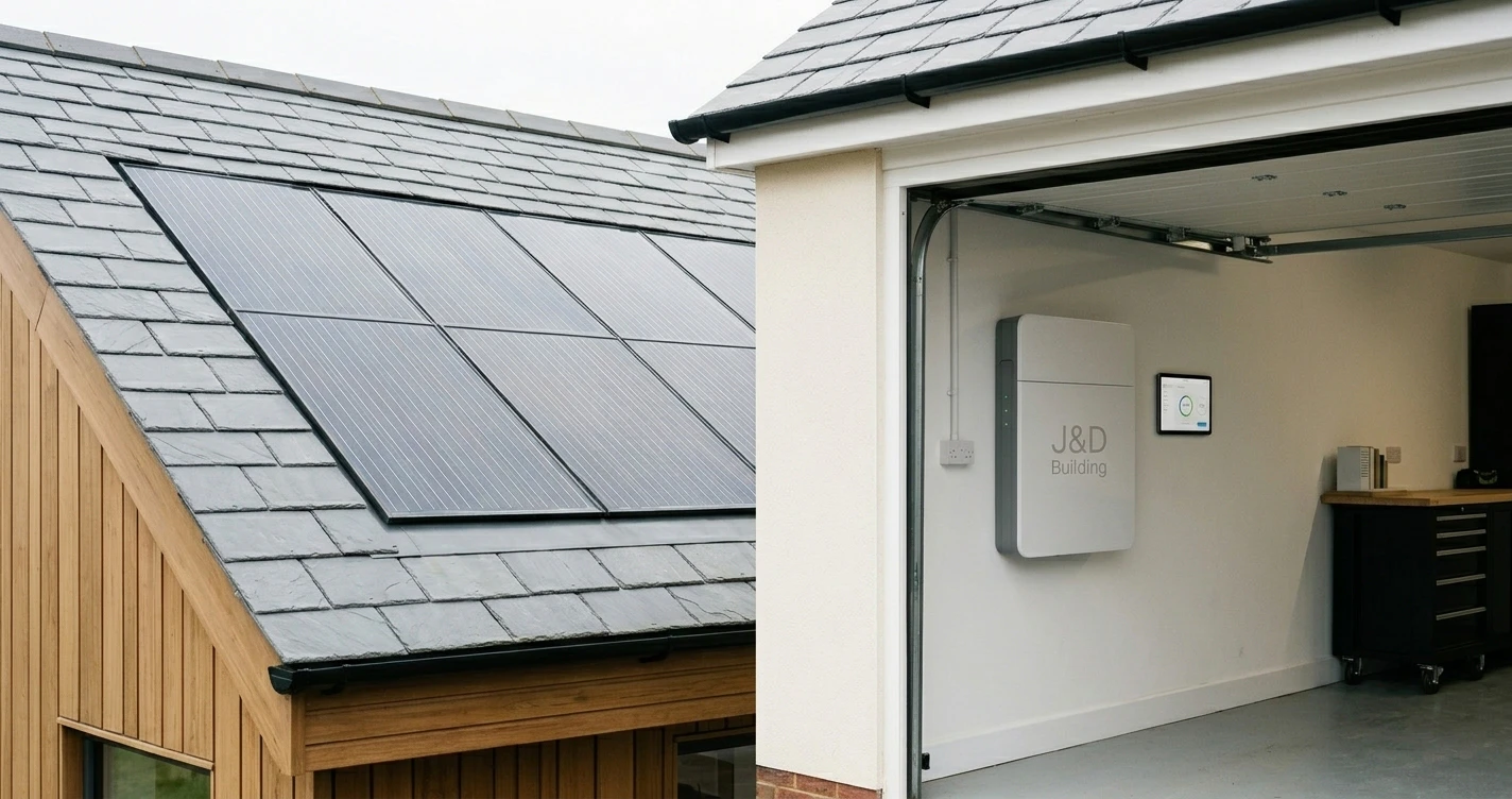 Close-up of sleek, in-roof solar PV tiles seamlessly integrated into the slate roof of a modern home extension, with a small, branded domestic battery wall visible inside the bright garage area